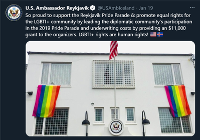 US Ambassador Reykjavik - leading 2019 Gay Pride - January 2021.png